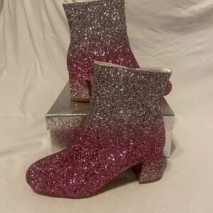 Pink & Silver Glitter Ombre Ankle Boots - Block Heel - NEW